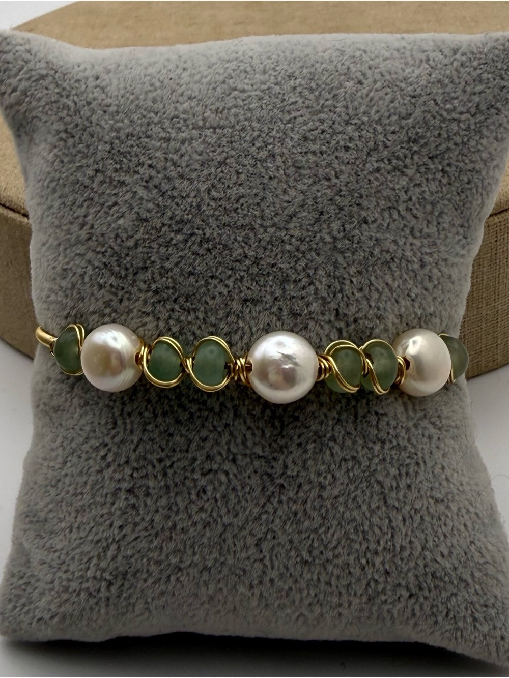 Gold Wire-Wrapped Pearl & Green Jade Stone Bracelet